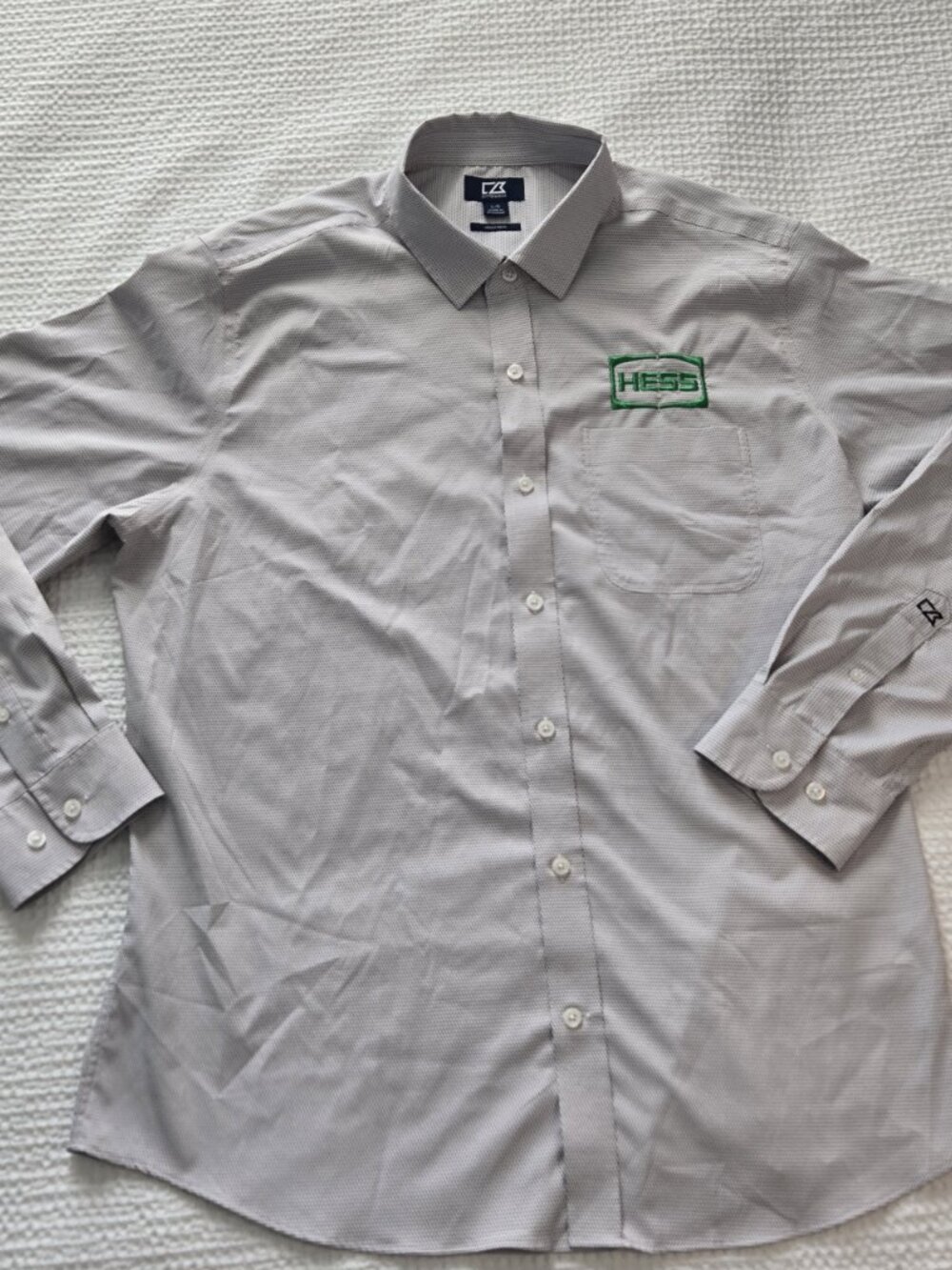 Cutter & Buck Versatech Geo Dobby Dress Shirt Mens Large L Hess Oil Logo White